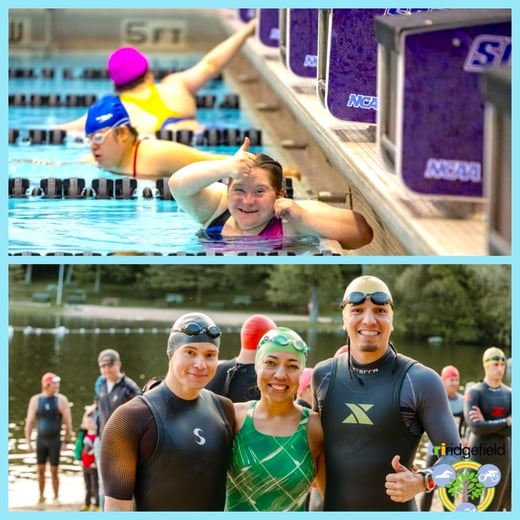 Athlete in pool giving thumbs up on top, three triathlon participants pose for picture bottom