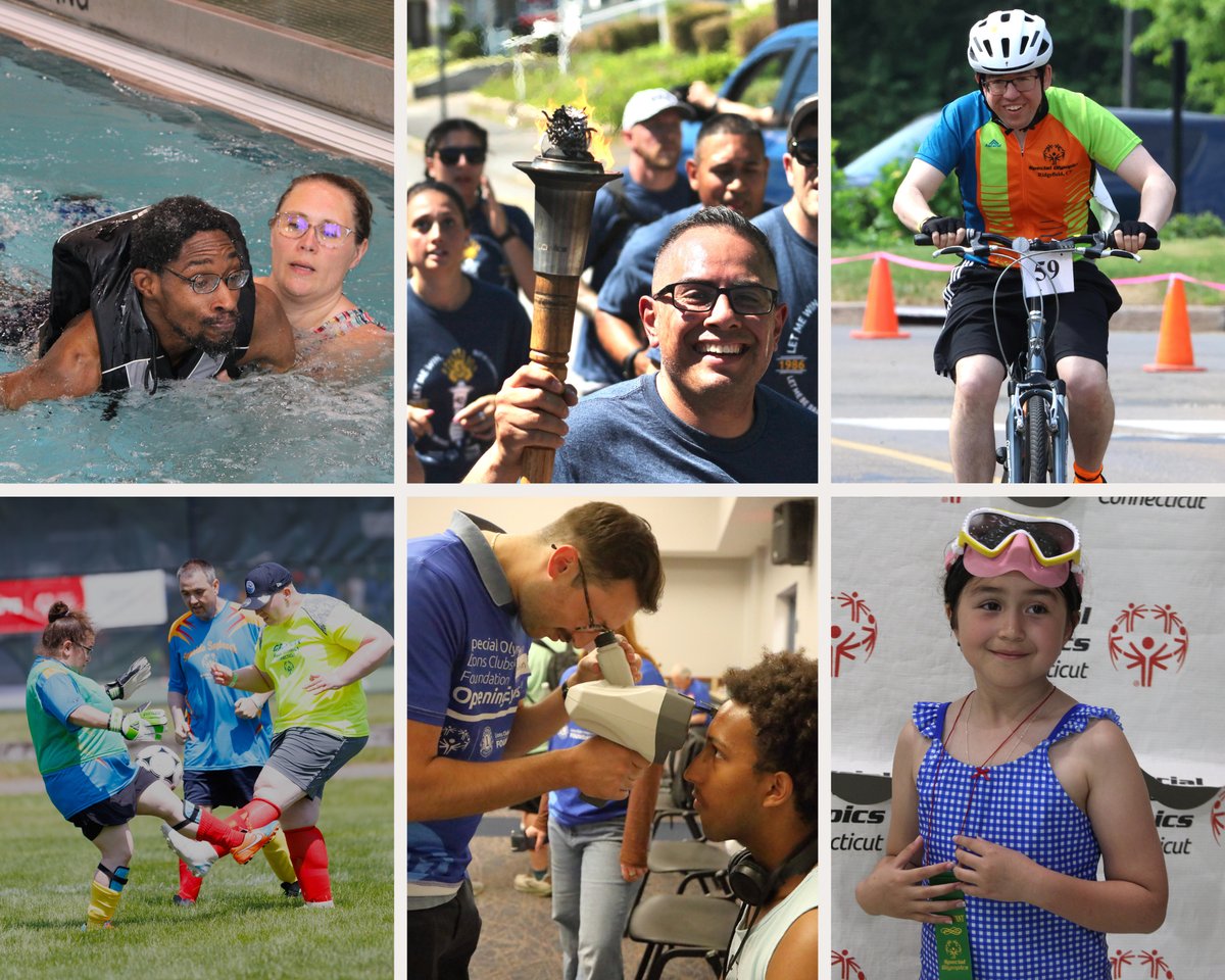Six pictures of Summer Games including swimming, soccer and cycling action, athlete with ribbon, athlete eye exam and officer carrying flame of hope
