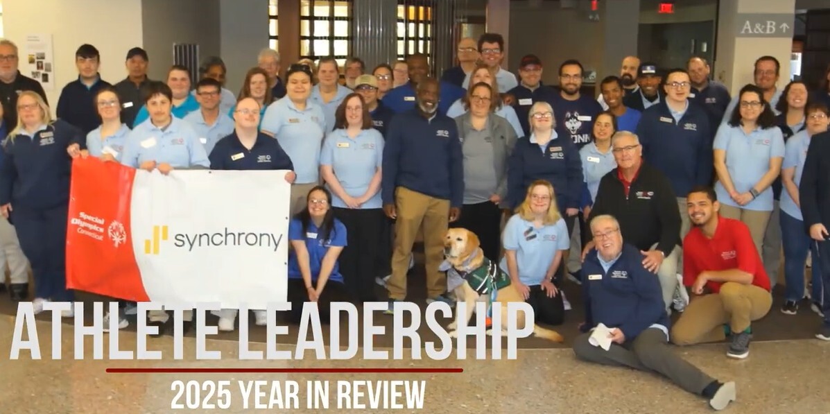 Athlete Leadership 2025 Year in Review text with group picture posing