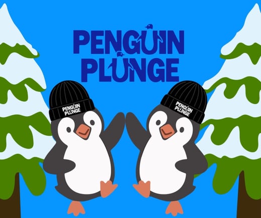 Two cartoon penguins high 5 in front of pine trees with snow with Penguin Plunge branded hats
