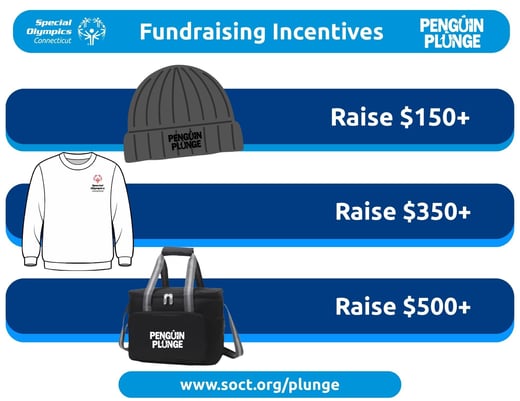 Penguin Plunge fundraising incentives with $150+ branded hat, $350+ branded sweatshirt, $500+ branded cooler