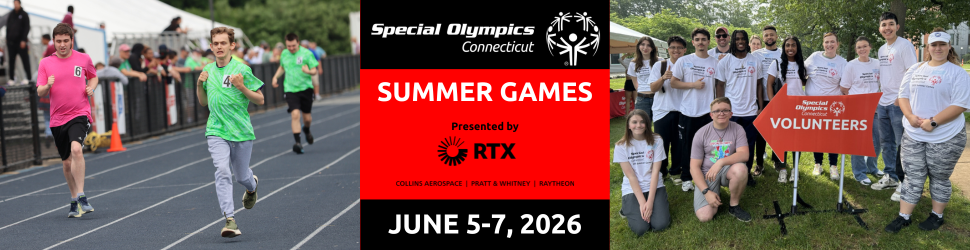 Three male athletes run on track left, group of volunteers with sign on right, Special Olympics CT Summer Games presented by RTX June 5-7, 2026 in middle
