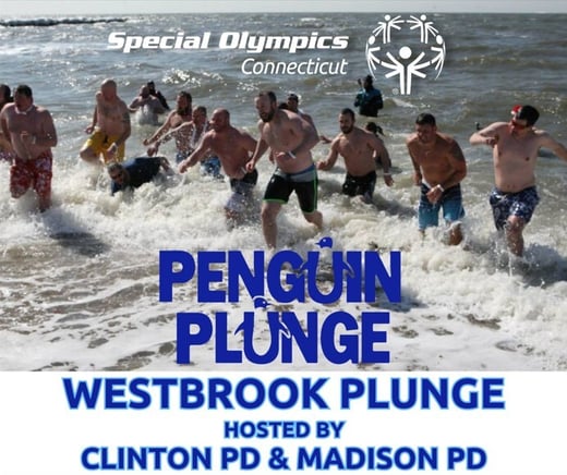 Large group of people in water with Special Olympics CT logo white, Penguin Plunge logo blue and Westbrook Plunge hosted by Clinton PD and Madison PD in text